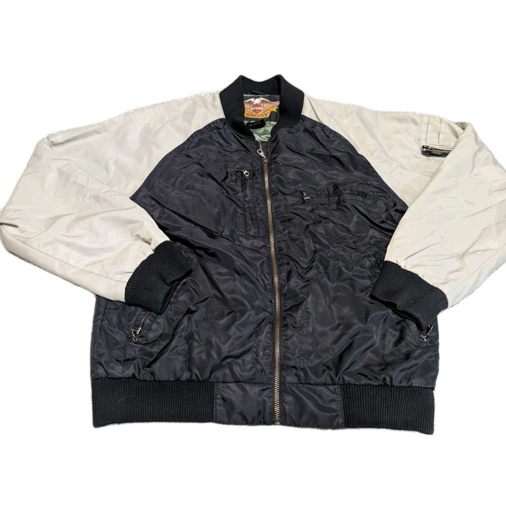 Harley Davidson Mens Bomber Jacket Black Cream Nylon American Legend Size L‎